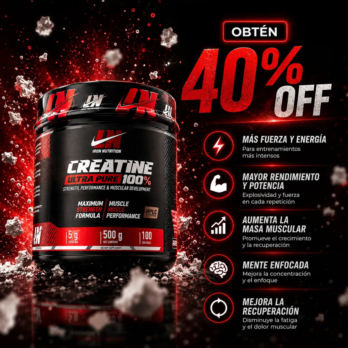 Creatina Iron Nutrition 500g con 40% de descuento — más fuerza, rendimiento y recuperación
