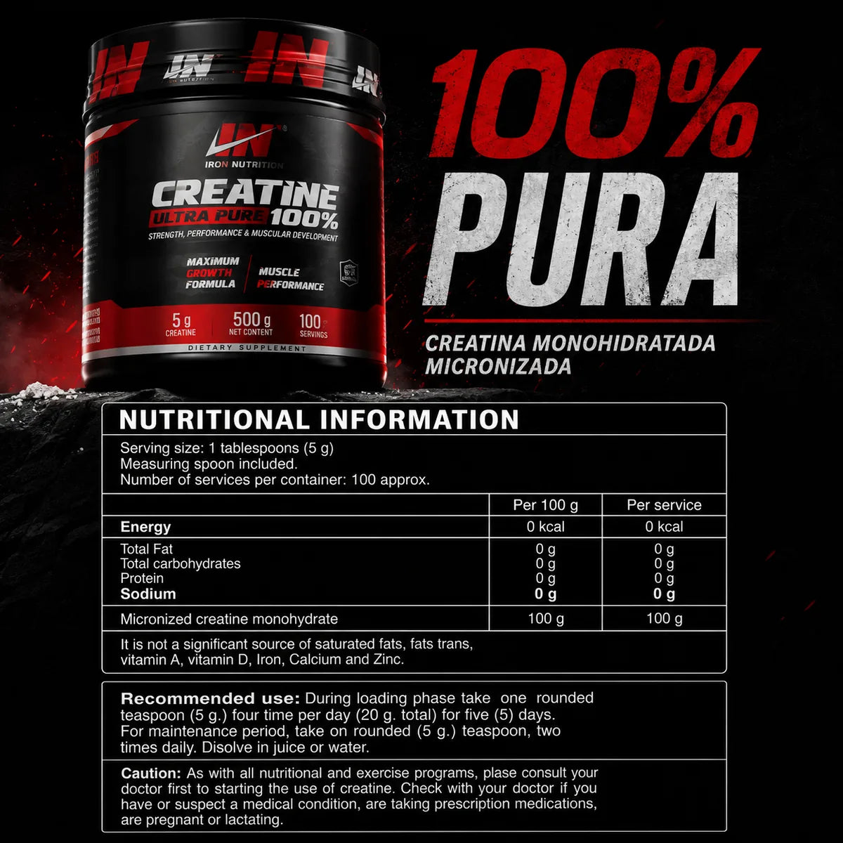 Información nutricional Creatina Iron 100% pura
